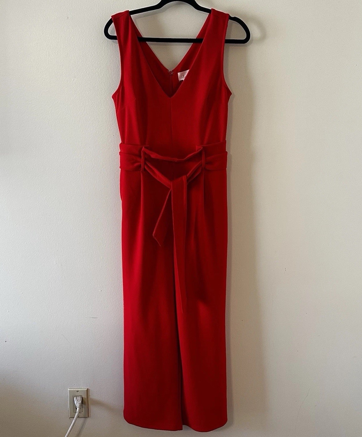 Anthropologie Red Cathy Wide Leg Jumpsuit Waist Tie Zipper Deep V Neck Small *R*