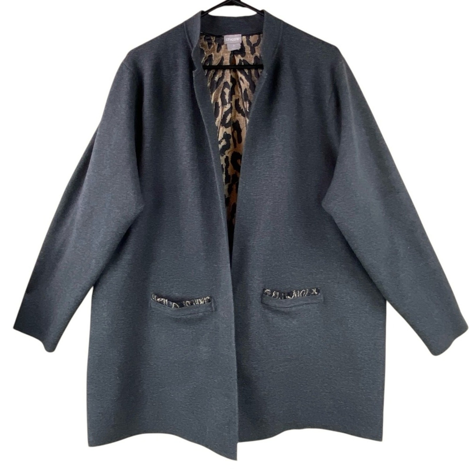 Chico’s Open Front Cardigan Sweater Size 16/XL Gray Front Metallic Leopard Back