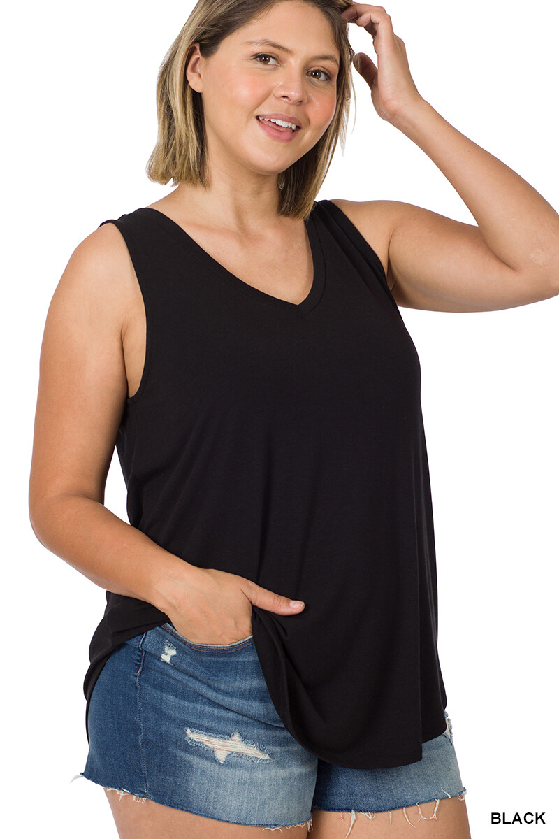 1X 2X 3X Women’s V Neck Sleeveless Top Curved Hem Soft Flowy Rayon Loose Tank