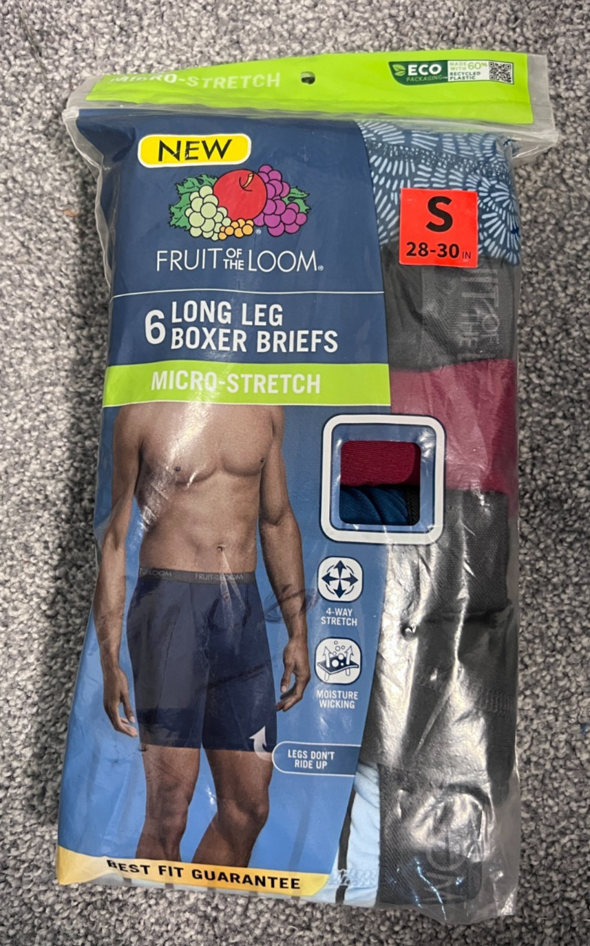 NEW ~ Men’s ~ Fruit of Loom ~ Long Leg ~ Boxer Briefs ~ 6-Pack ~ Size S (28-30)