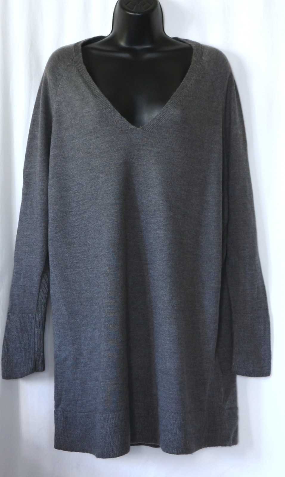 EILEEN FISHER Long Gry VNck Merino Wool Tunic Swtr 45 In Chst 34 In Lng Sz M EXC