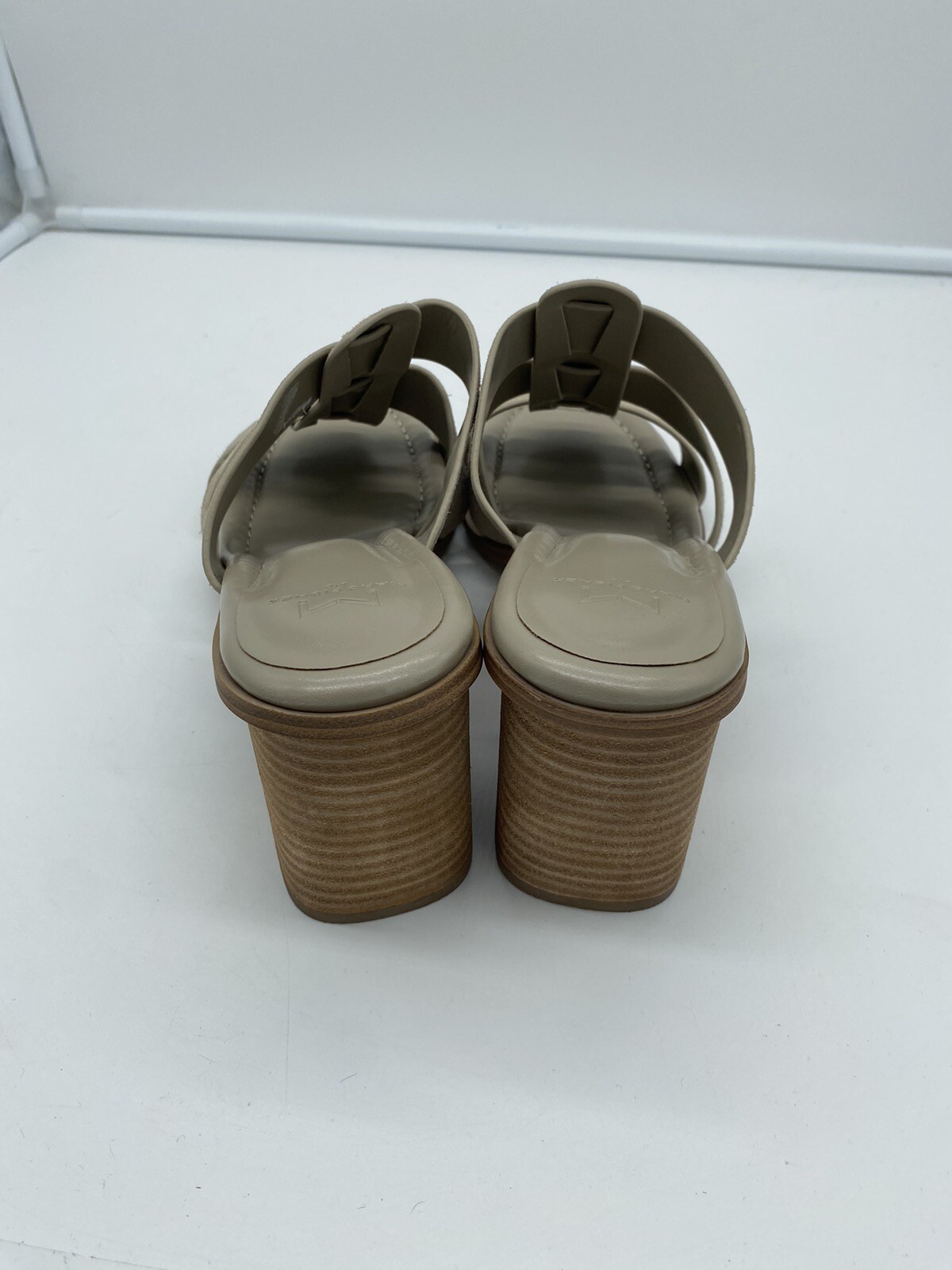 New Marc Fisher LTD Louisa Leather Block Heel Slip On Mules Woven Gray Size 11M