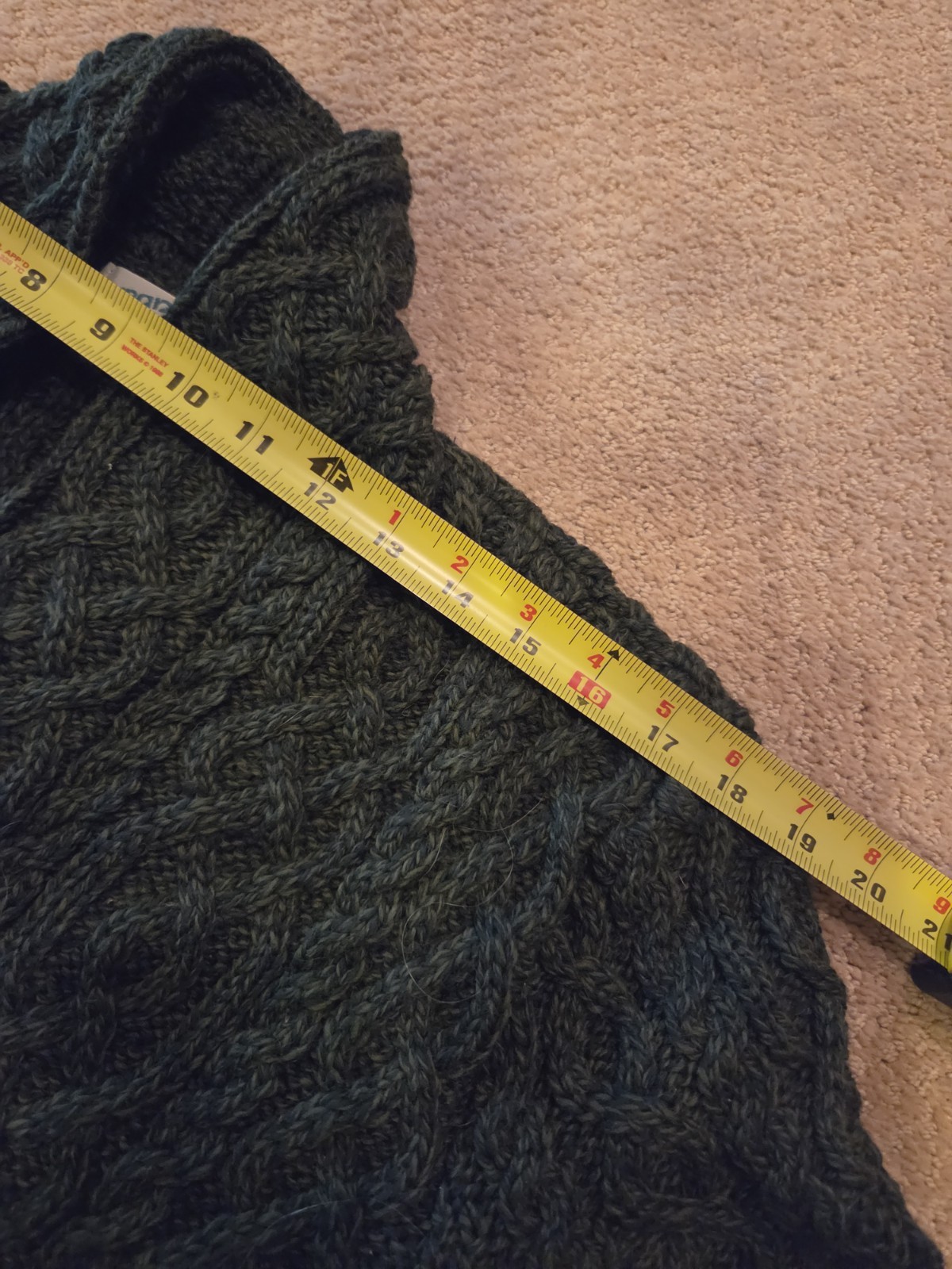 Aran Crafts Of Ireland 100% Wool Dark Green Open Front Long Cardigan Size L