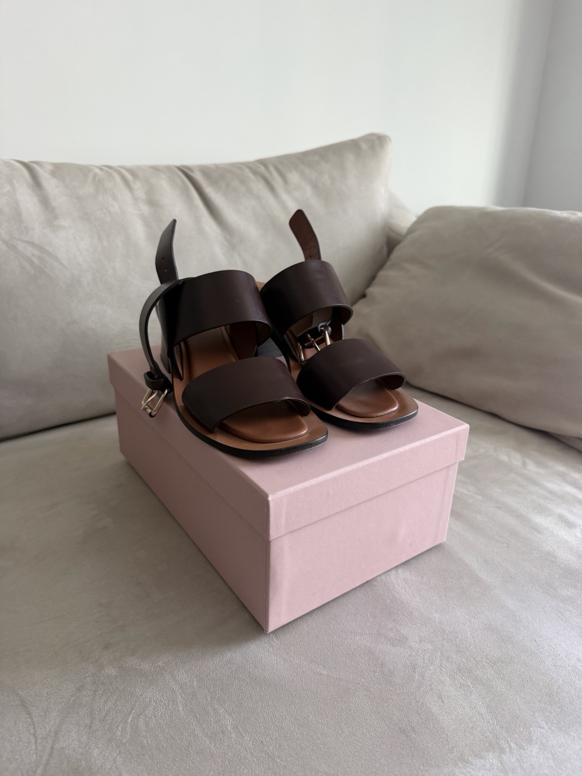 MANSUR GAVRIEL Women’s Chocolate Calf Leather Strappy Block Sandals 8
