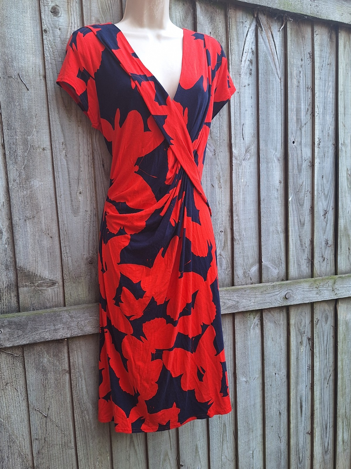 Phase Eight Ruched Red Navy Blue Summer Jersey Stretch Dress UK 16 EU 44 USA 12