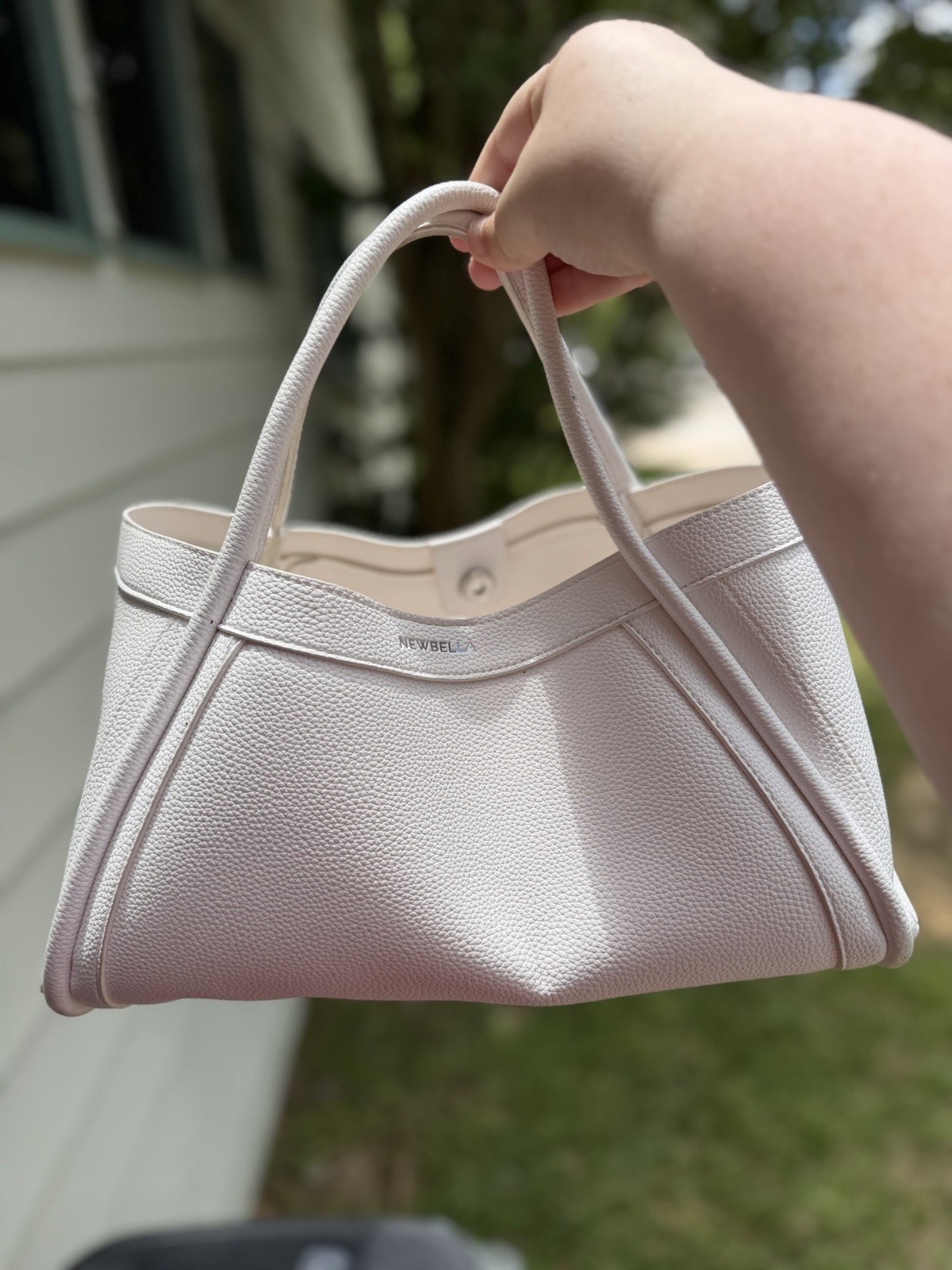 Newbella Women’s White Solid Tote Bag Double Handles Snap Closure Strap Accent