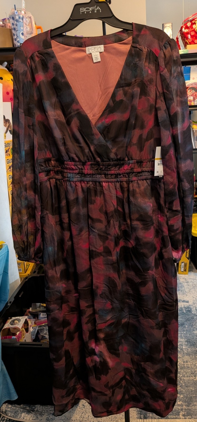Sophia Vergara Large Dress Women’s. Mauve Black and Dark Blue. Sheer Sleeves NWT