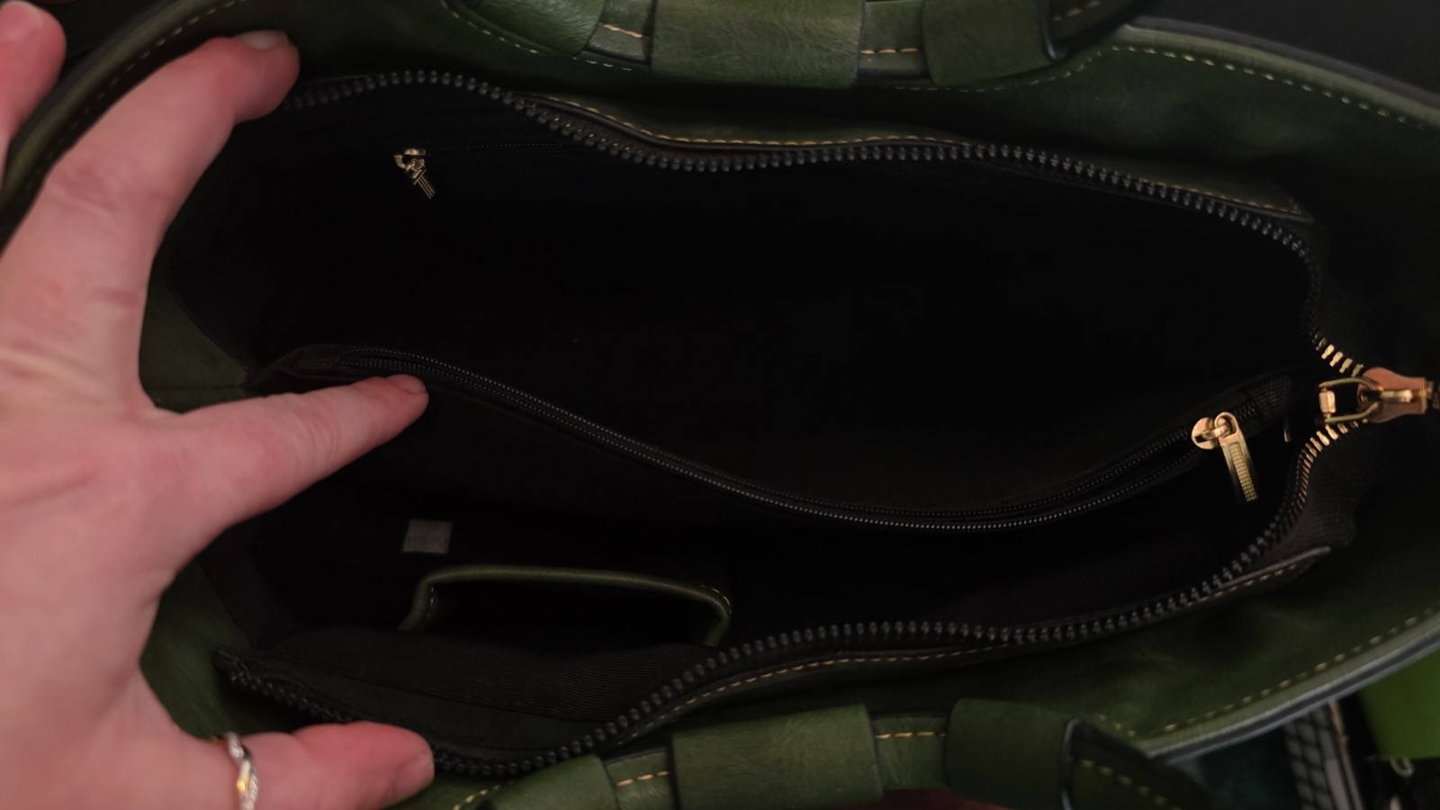 Vintage Green Satchel Top Handle Bag Zip Closure Detachable Strap