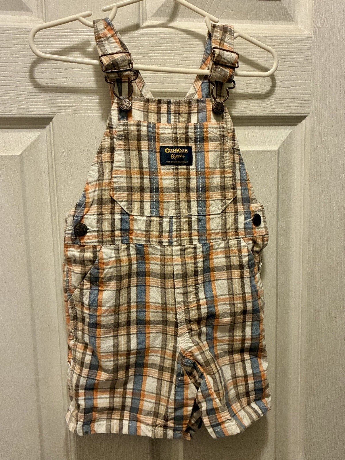 OshKosh B’gosh Plaid Cotton Shortall Overall 18M Unisex Sleeveless Pockets
