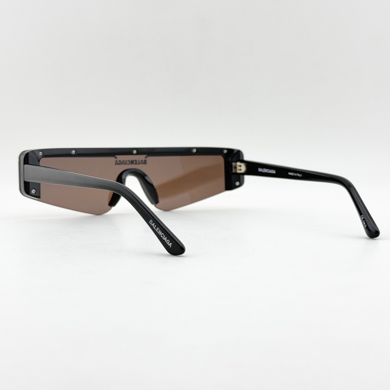 Balenciaga BB0003S Black Shield Sunglasses Purple Mirror Lens Unisex 99-1-140