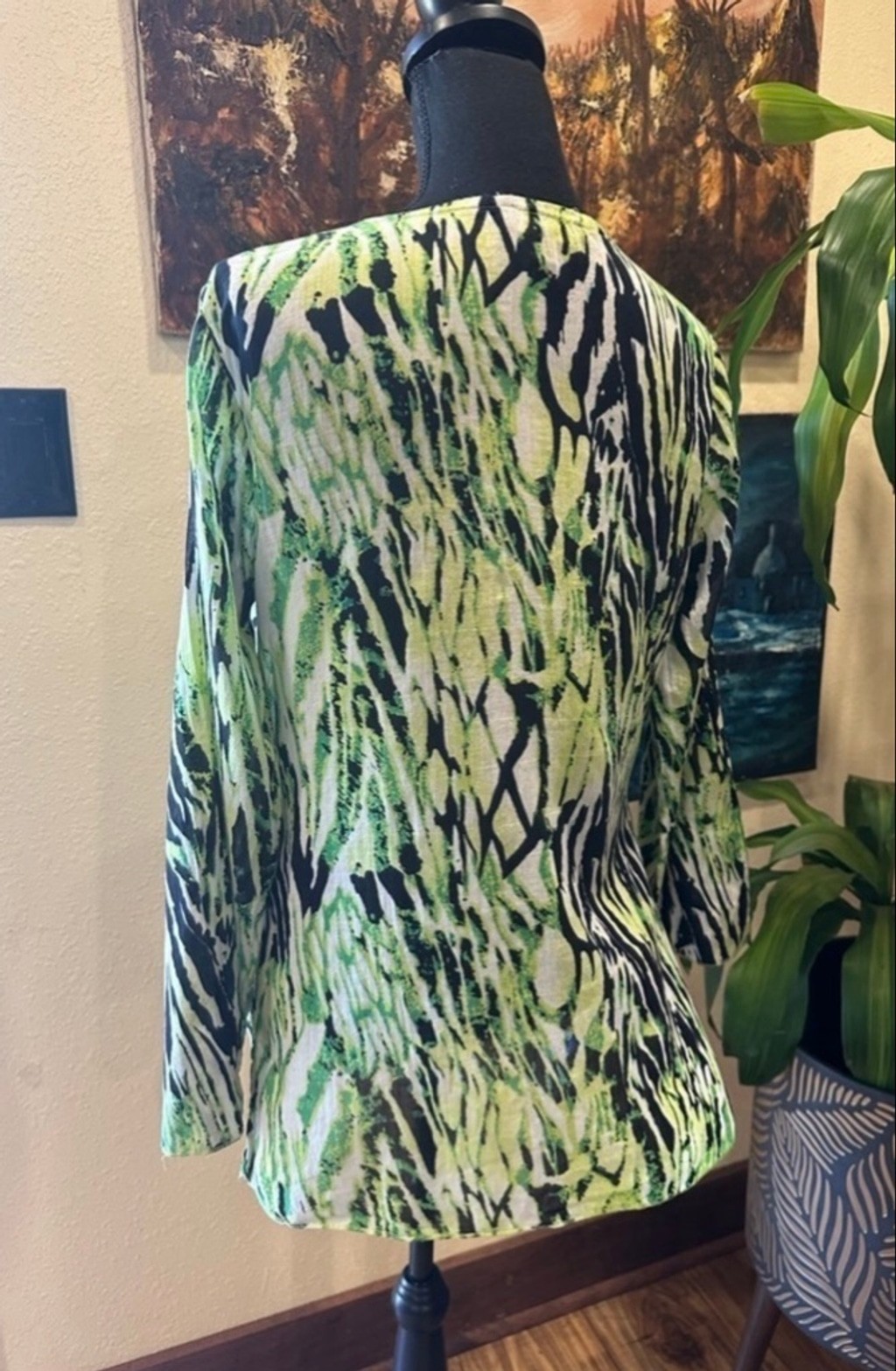 Jasmine Cotton Tunics Blouse M Green Animal Print Beaded Neckline Bell Sleeve