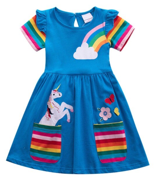 NWT Unicorn Rainbow Girls Blue Short Sleeve Pocket Dress