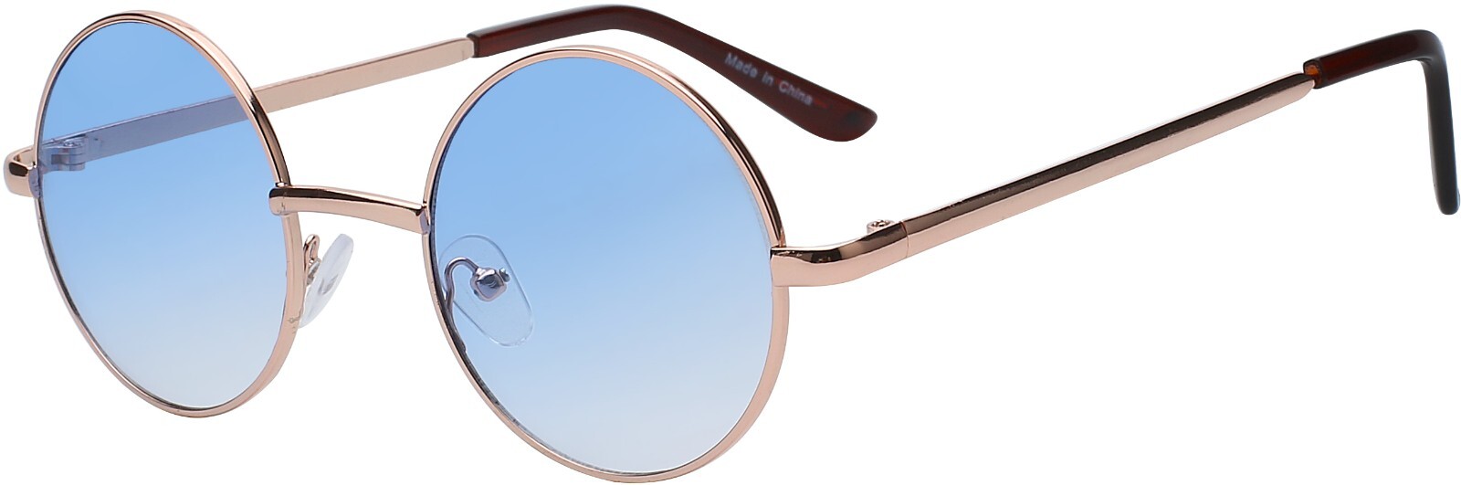 ROUND SUNGLASSES BLUE TINTED COLORED LENS 43mm METAL GOLD FRAME HIPPIE RETRO UVB