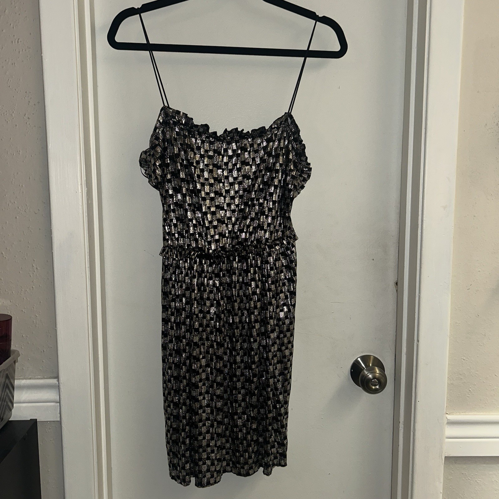 Zara Black Silver Metallic Shimmery Thin Strapped Cinched Waist Dress Small