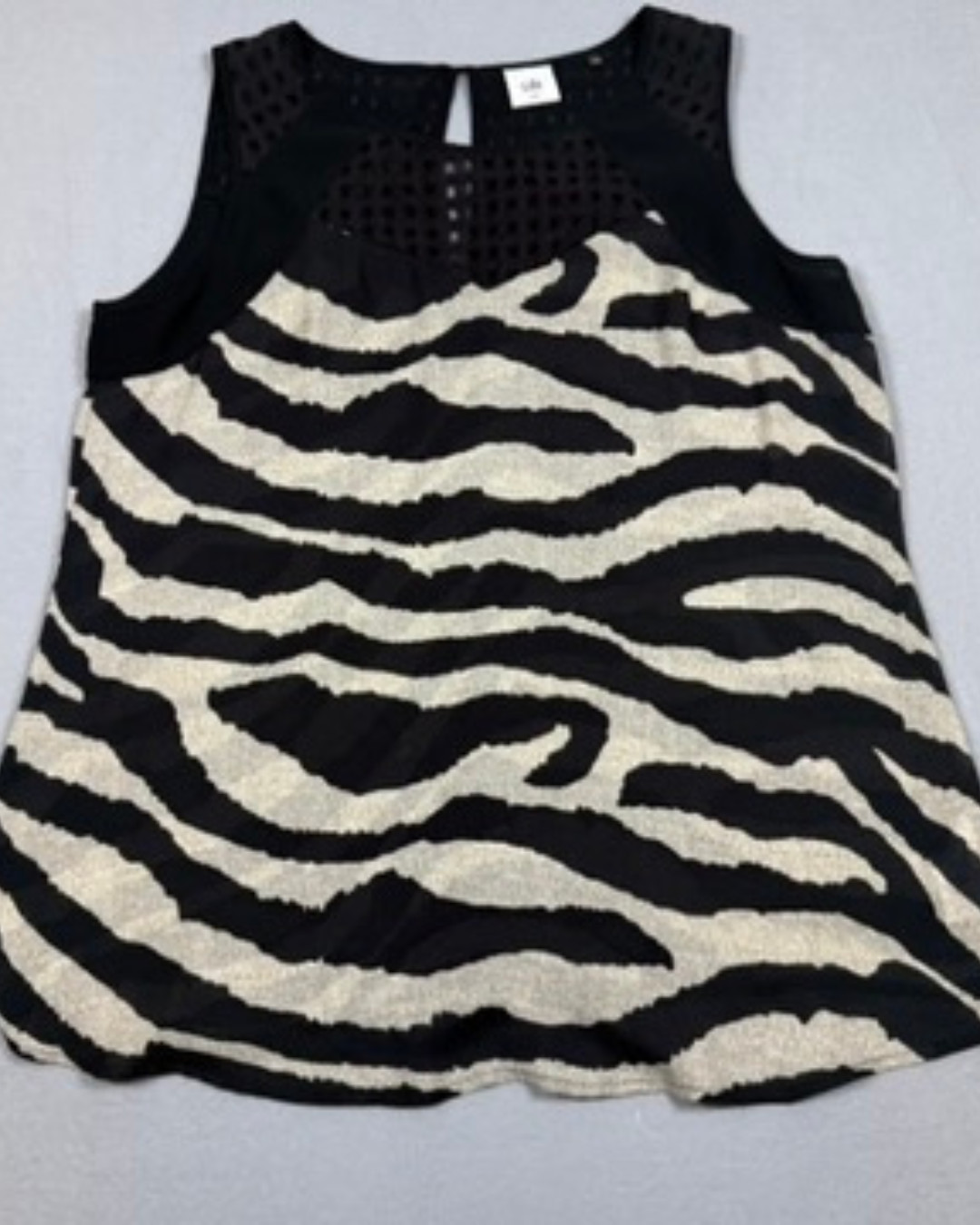 Cabi Medium Zebra Print Sleeveless Blouse Black White Keyhole Back Top