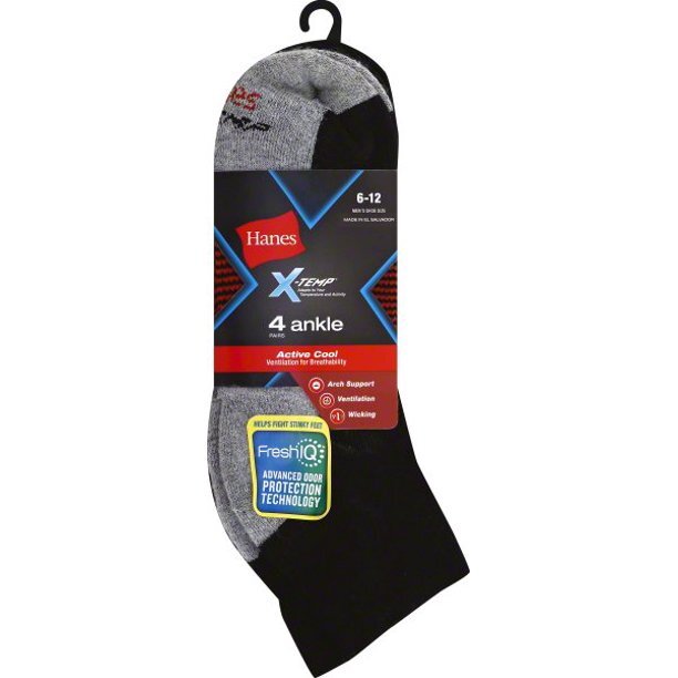 Hanes® Men’s X-TEMP Black Ankle Socks 4-Pack ” Arch Support & Active Cool” 516/4