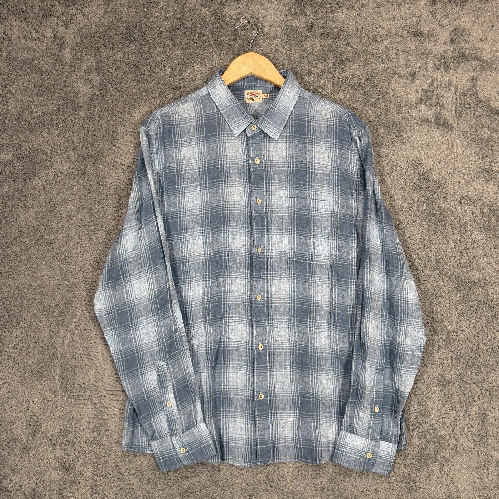 Faherty Laguna Shirt Mens XL Blue Plaid 100% Linen Long Sleeve Button Up Pocket