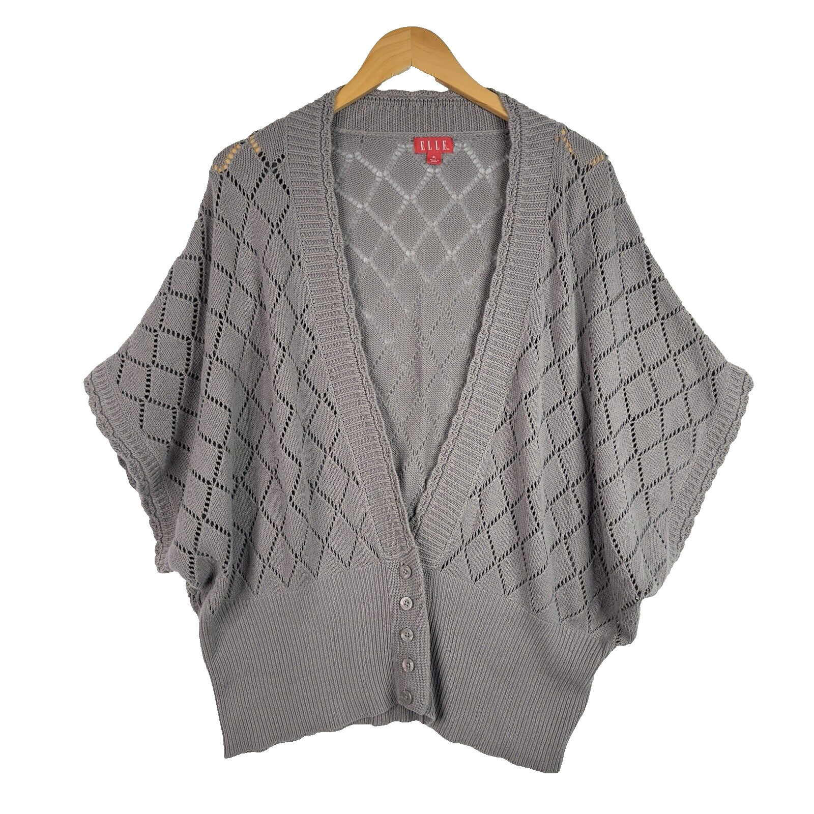 ELLE Gray Open Knit Cardigan Argyle Dolman Oversized Boho Cozy Sweater XL
