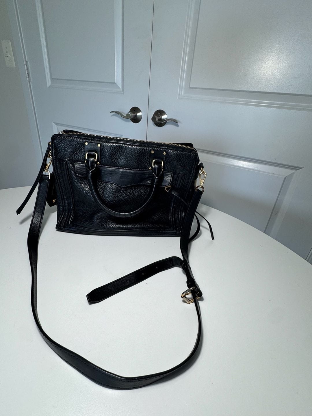 Rebecca Minkoff Black Pebbled Leather Satchel Crossbody Bag Gold Hardware Tassel