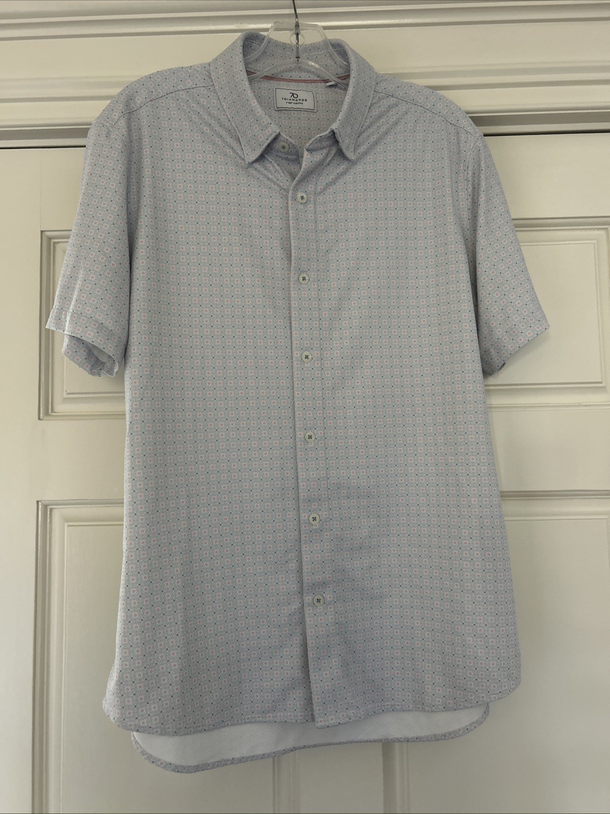 7D ~7 Diamonds Men’s 4 Way Stretch Button Down Short Sleeve Shirt ~Blue/Pink~ M