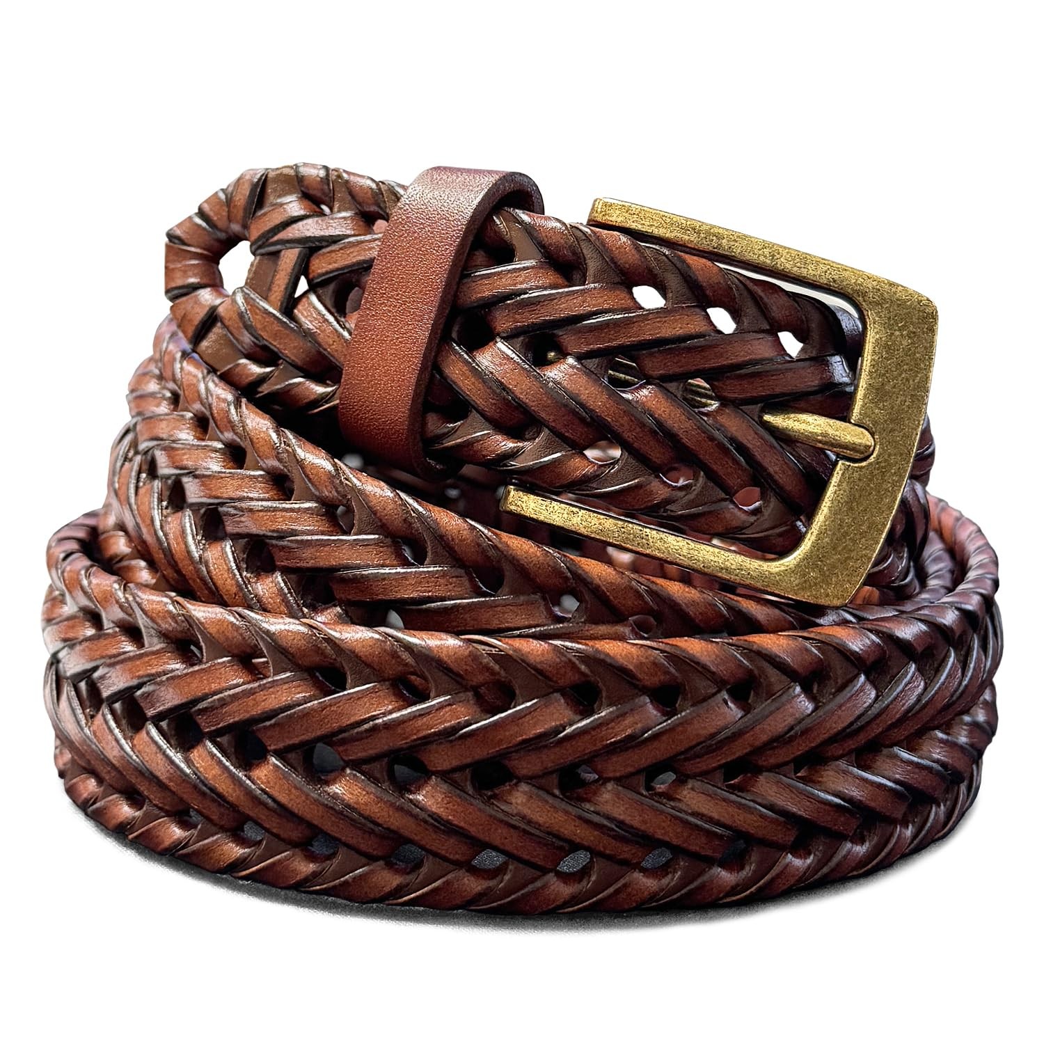 Braided Belt Genuine Leather Woven Casual Dress Belt 1-3/8″(35mm) Wide (Tan, …