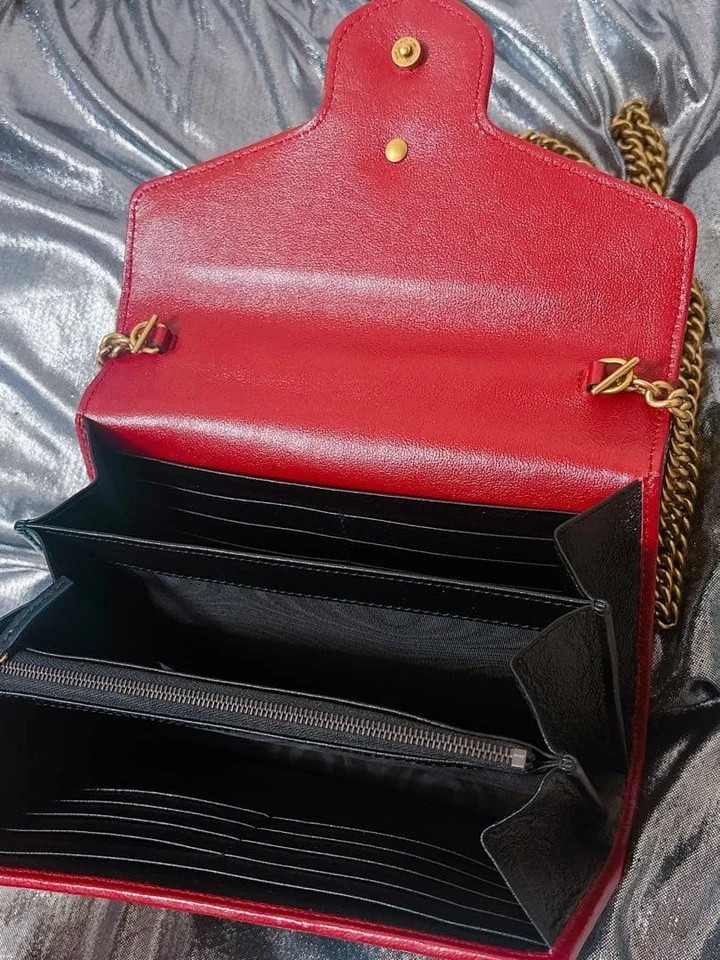 GUCCI Mini Marmont Shoulder Bag Black x Red Leather Chain Shoulder Strap Auth