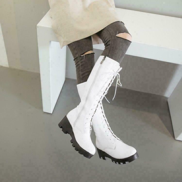 Womens Gothic Round Toe Combat Knee High Boots Retro PU Leather Lace Up Shoes