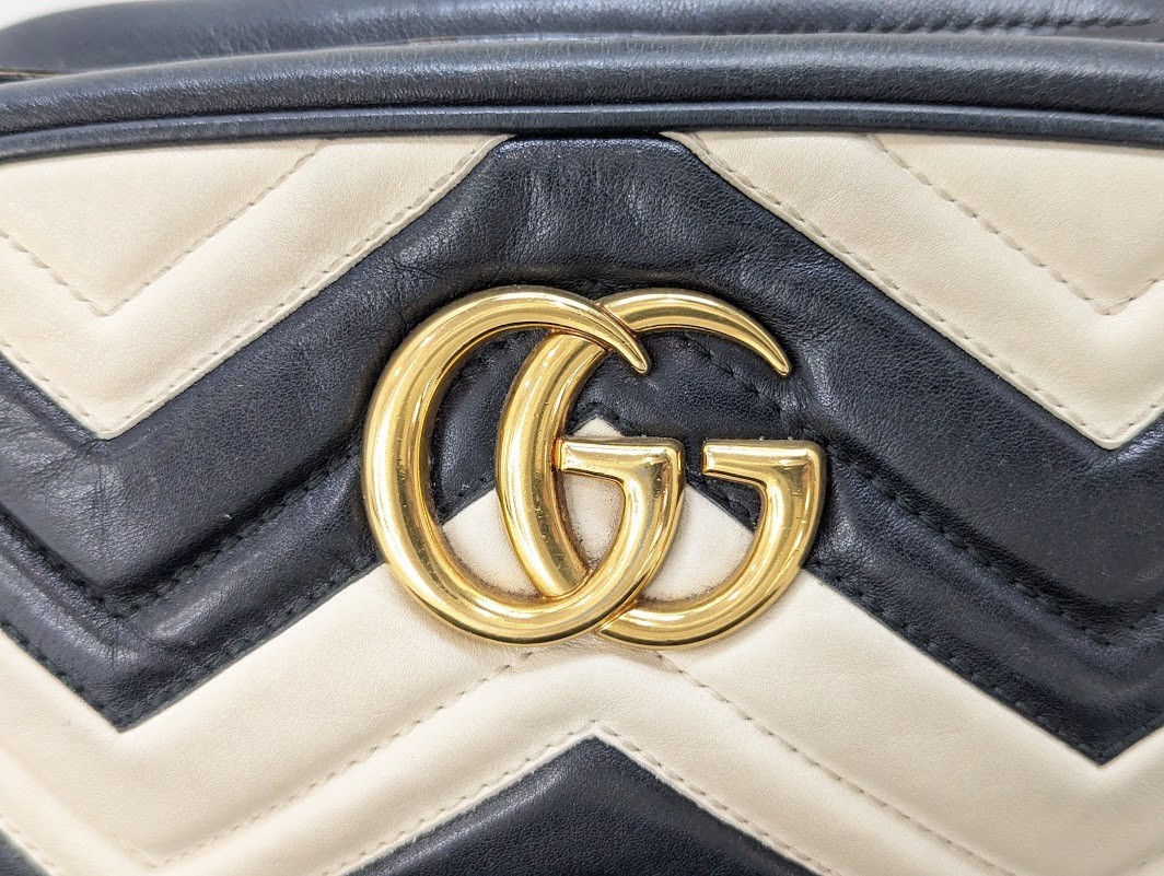 GUCCI GG Marmont Shoulder Bag Leather Black White 447632 001998 Authentic