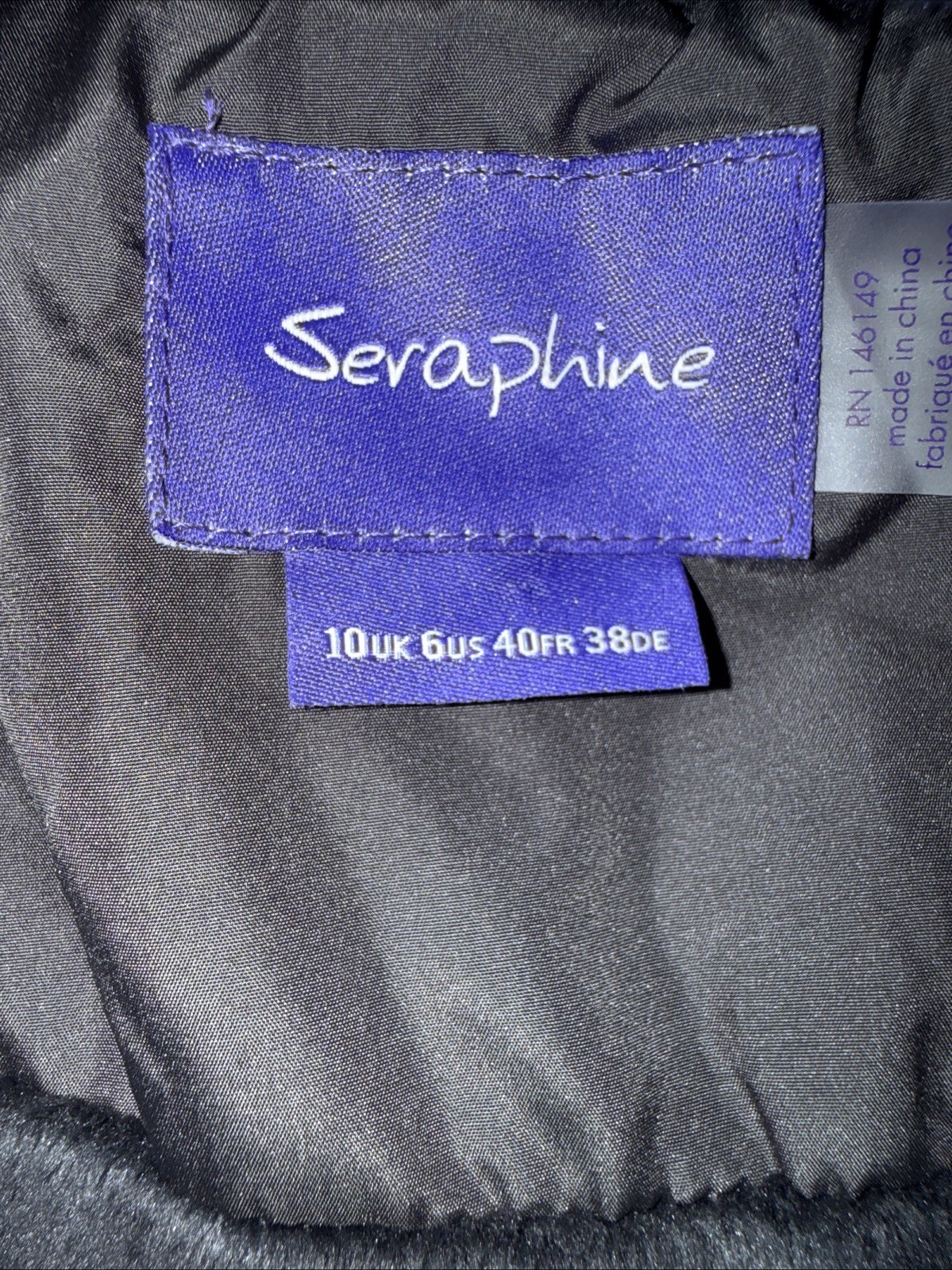 Seraphine Long Maternity Puffer Coat Women Size 6 Black Hooded Faux Fur Trim