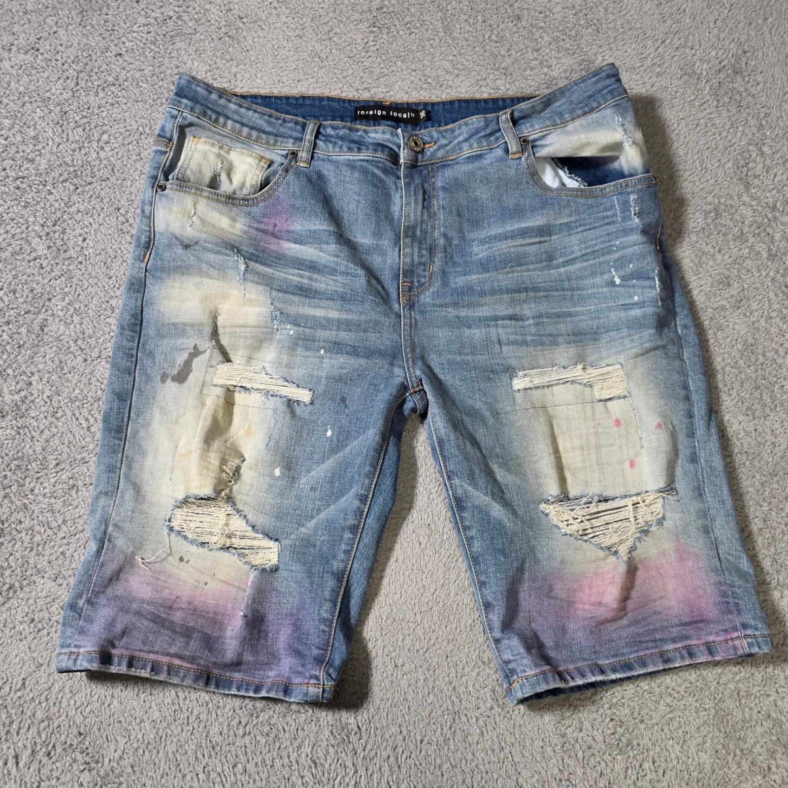 Foreign Local Mens 36 Denim Shorts Blue Distressed Paint Splatter Ombre Purple