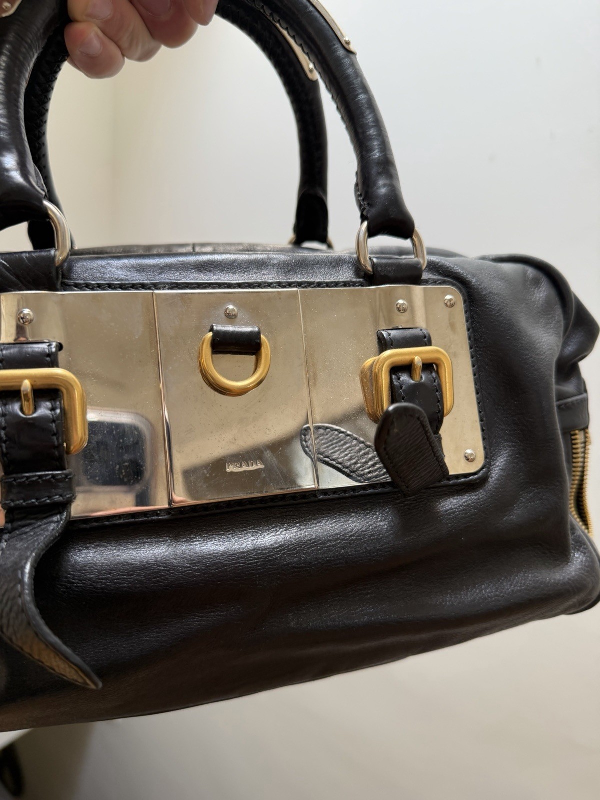 PRADA Black Top Handle Bag Gold Hardware Lock Buckle Accents Zip Closure