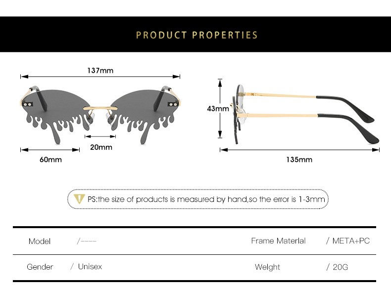 Fashion Rimless Cry Shape Unique Sunglasses Mens Women Party Glasses UV400 Shade