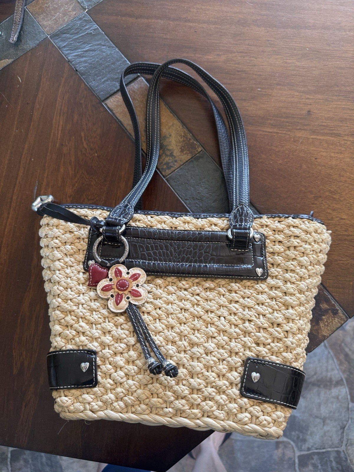 Brighton Straw Woven Tote Handbag Black Croc Embossed Trim Floral Charm Purse
