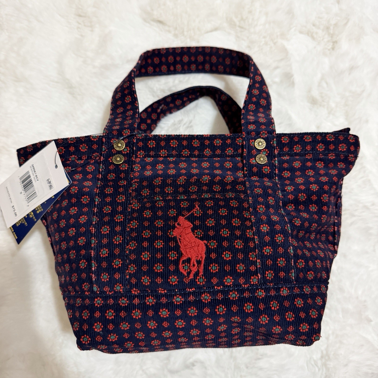 Polo Ralph Lauren Big Pony Corduroy Tote Bag Womens Small Floral Embroidered NWT