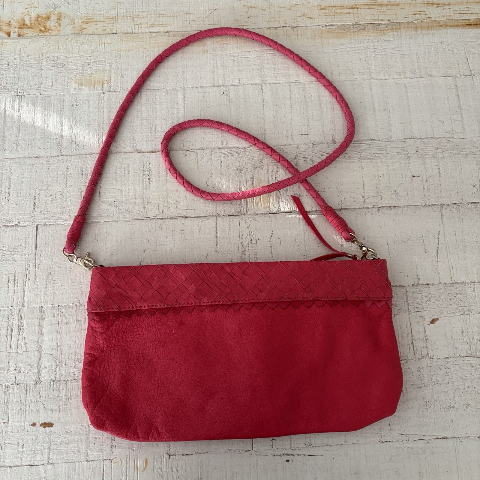 Elliott Lucca Bright Pink Leather Crossbody Clutch Purse Woven Trim