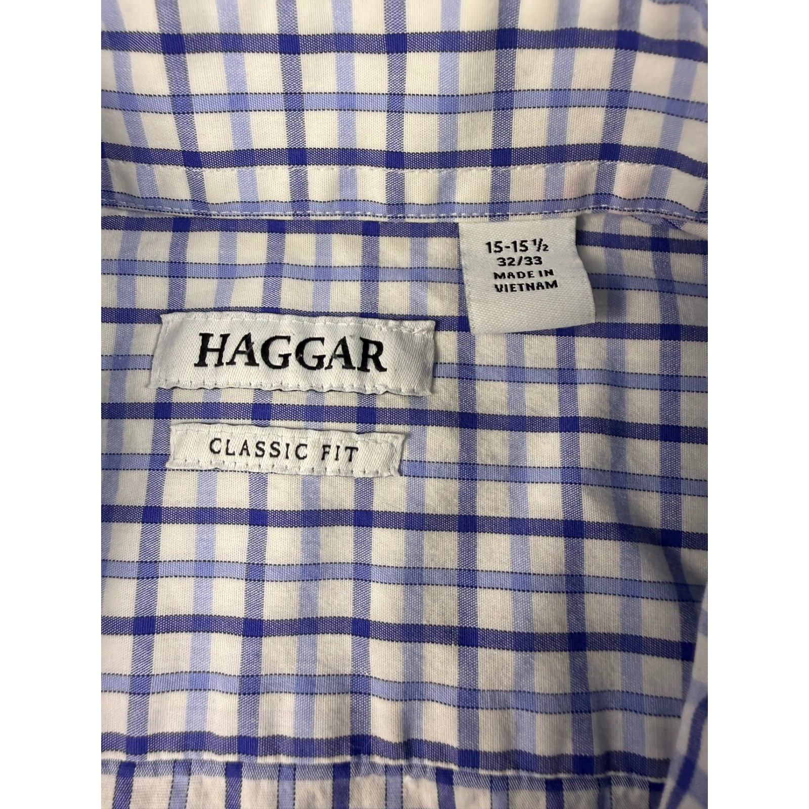 Haggar Mens Classic Fit Blue White Check Button Down Shirt 15-15.5 32/33 WPL386