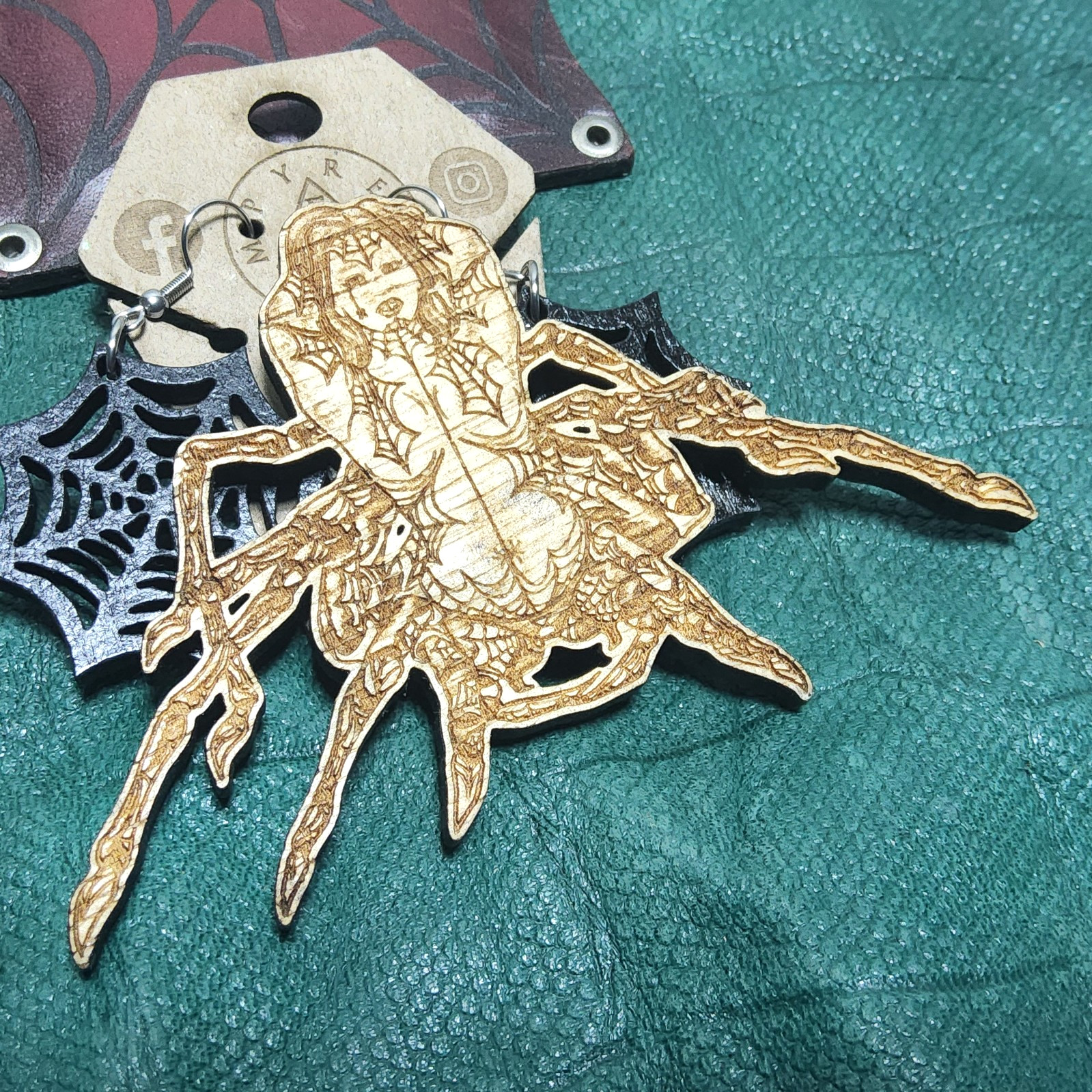 Spider web laser etched cut wallet earrings spider queen magnet set goth horror
