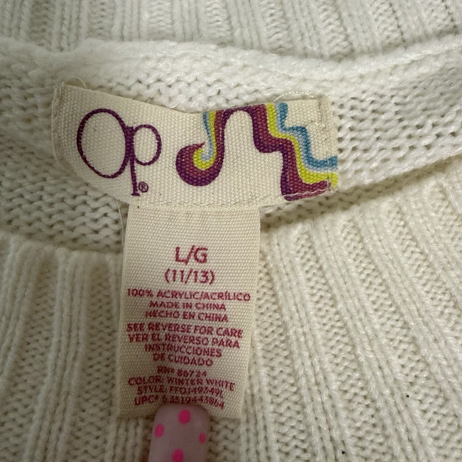 Y2K OP Juniors Sweater Large 11/13 Fair Isle White Blue Knit Crew Neck Pullover