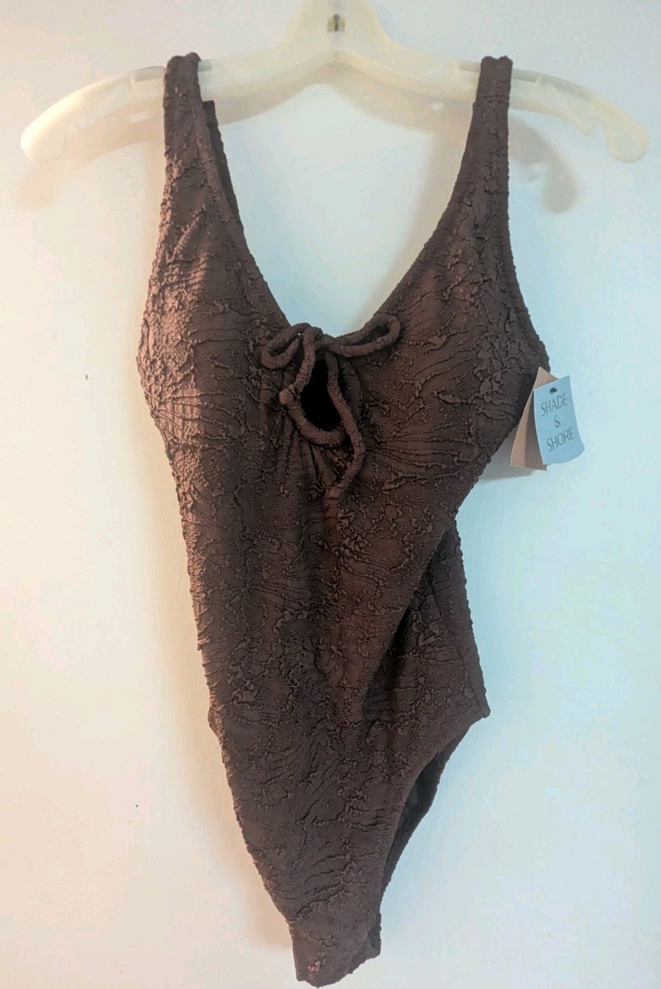 Shade & Shore Swimsuit S Brown One Piece Textured High Leg Cheeky Keyhole, New