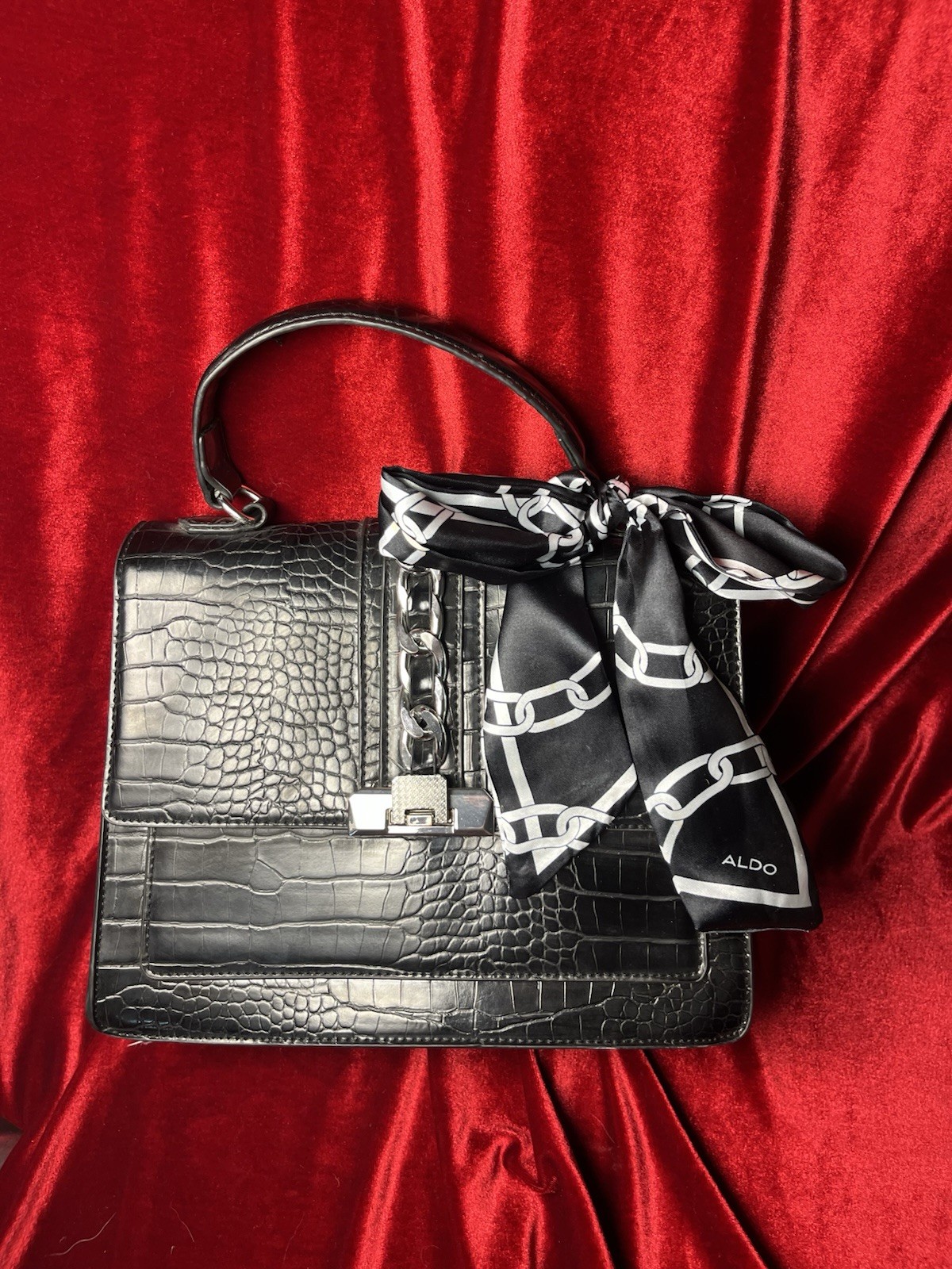 ALDO Anniebrook handbag With Strap Black Satchel Cross Body Scarf Faux Leather