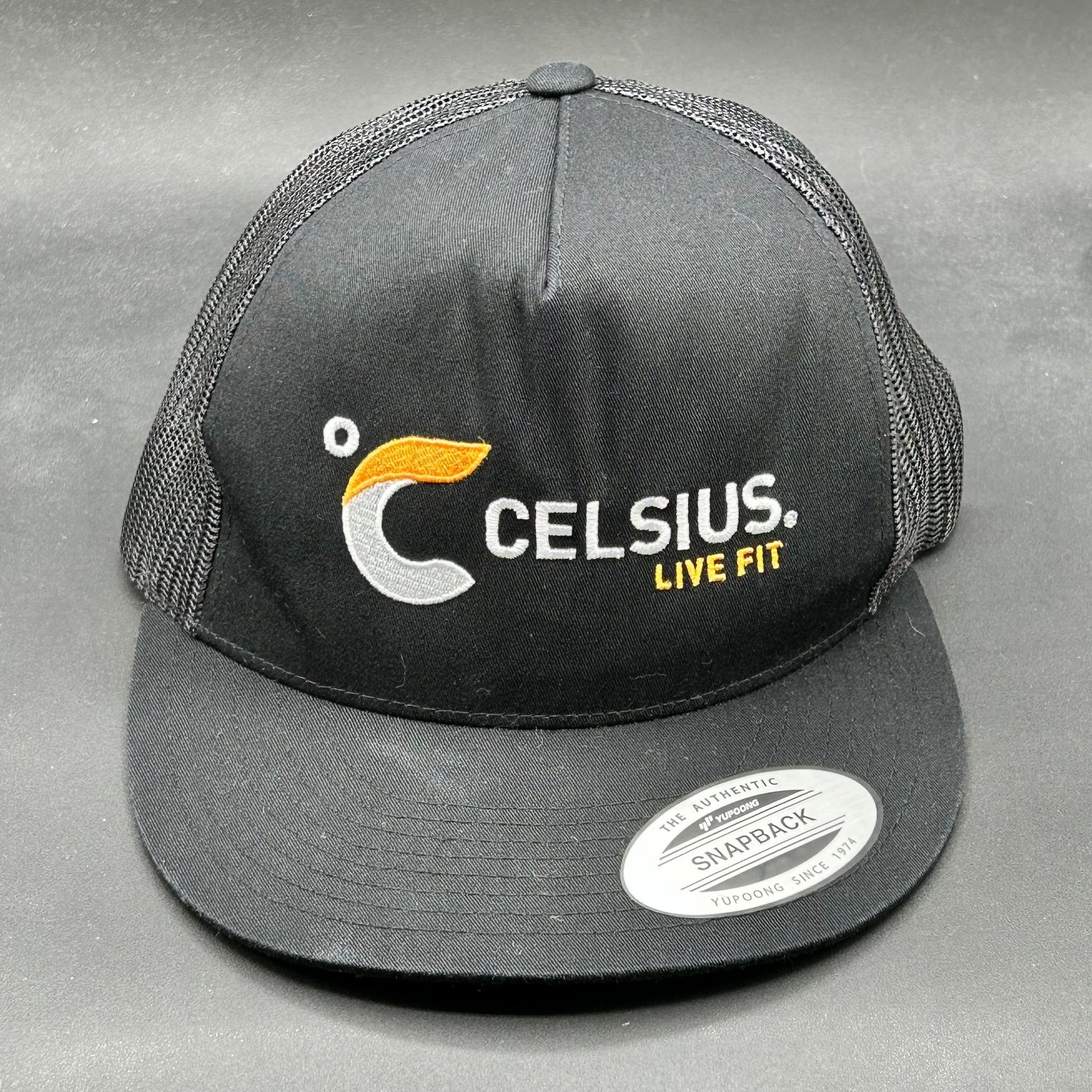 Celsius Live Fit Mesh Snapback Hat Men’s Black Classic Logo Trucker