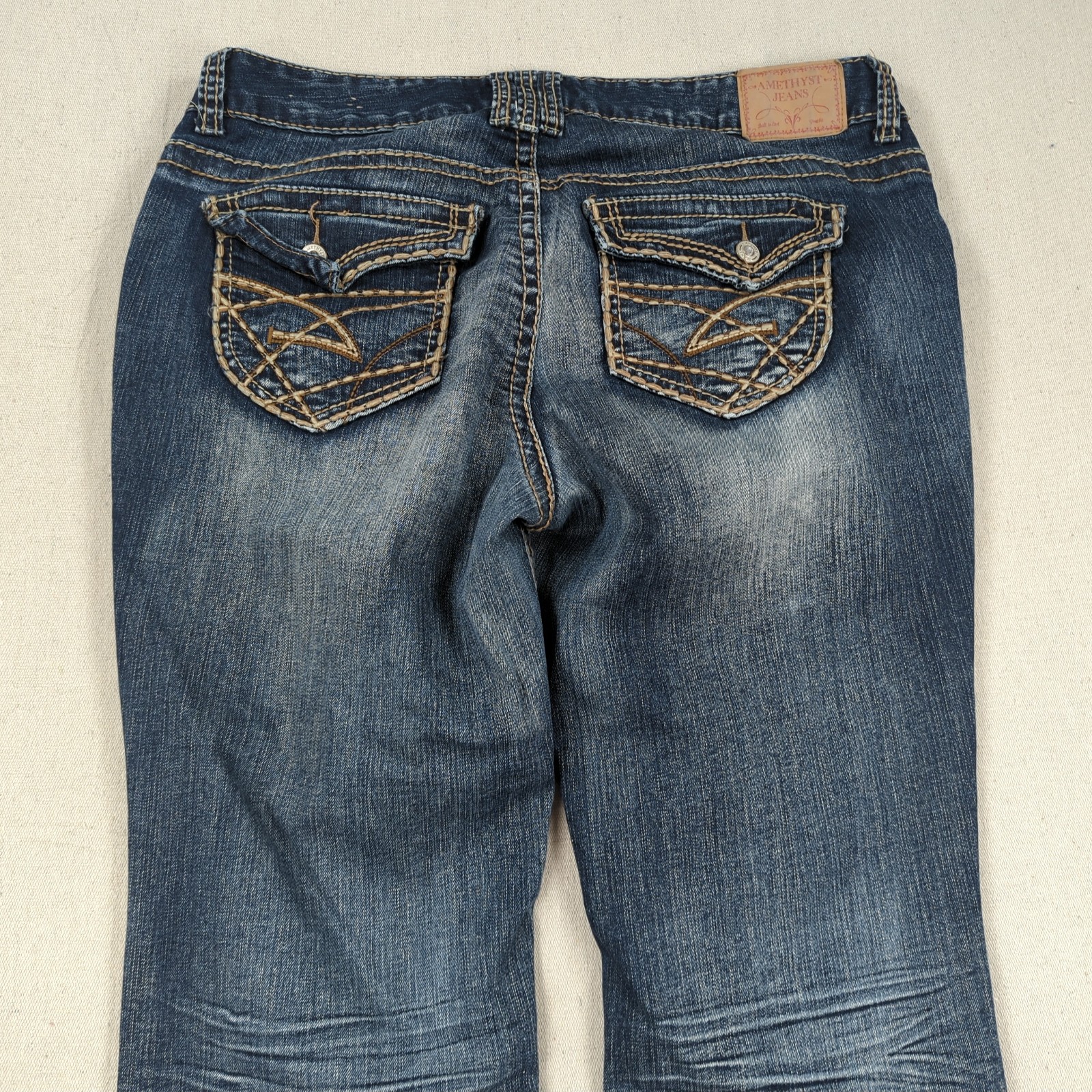 Amethyst Jeans Womens 16 Blue Boot Cut Cropped Low Rise Thick Stitch Flap Pocket