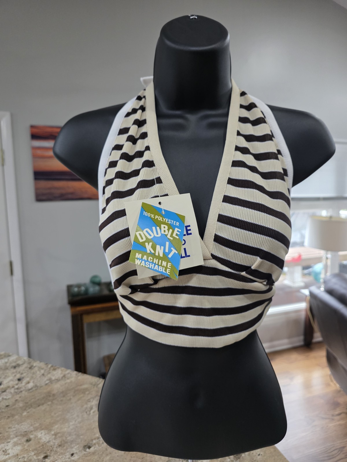NOS Vtg 1970s Halter Top Double Knit Deadstock One Size Fits All Blue / White