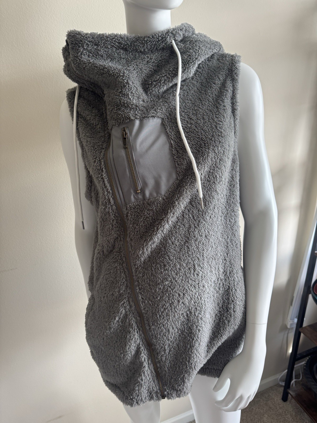 Gray Sherpa Hooded Asymmetric Zip Vest