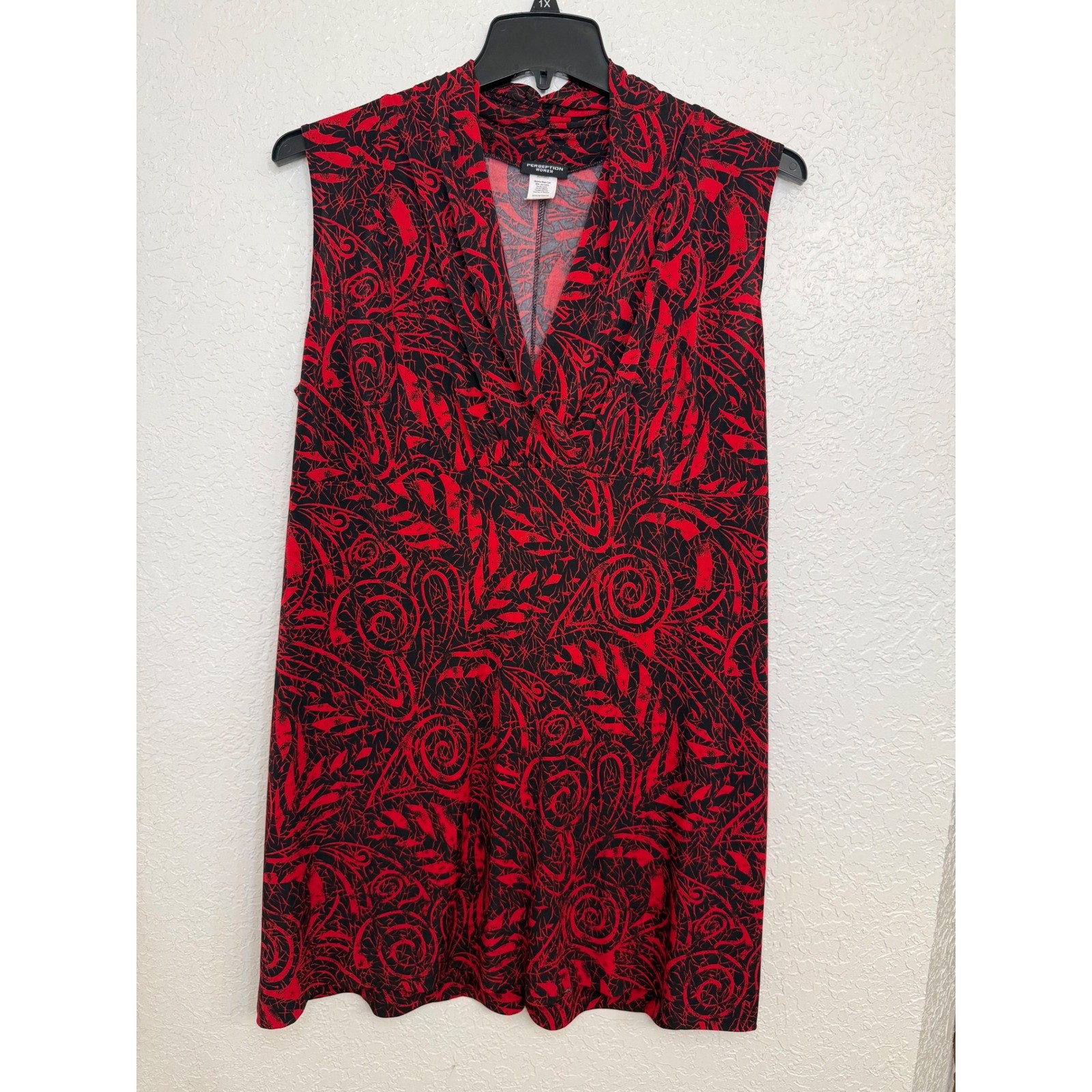 Perception Women Sleeveless V Neck Red Black Abstract Dress Plus Size 2X