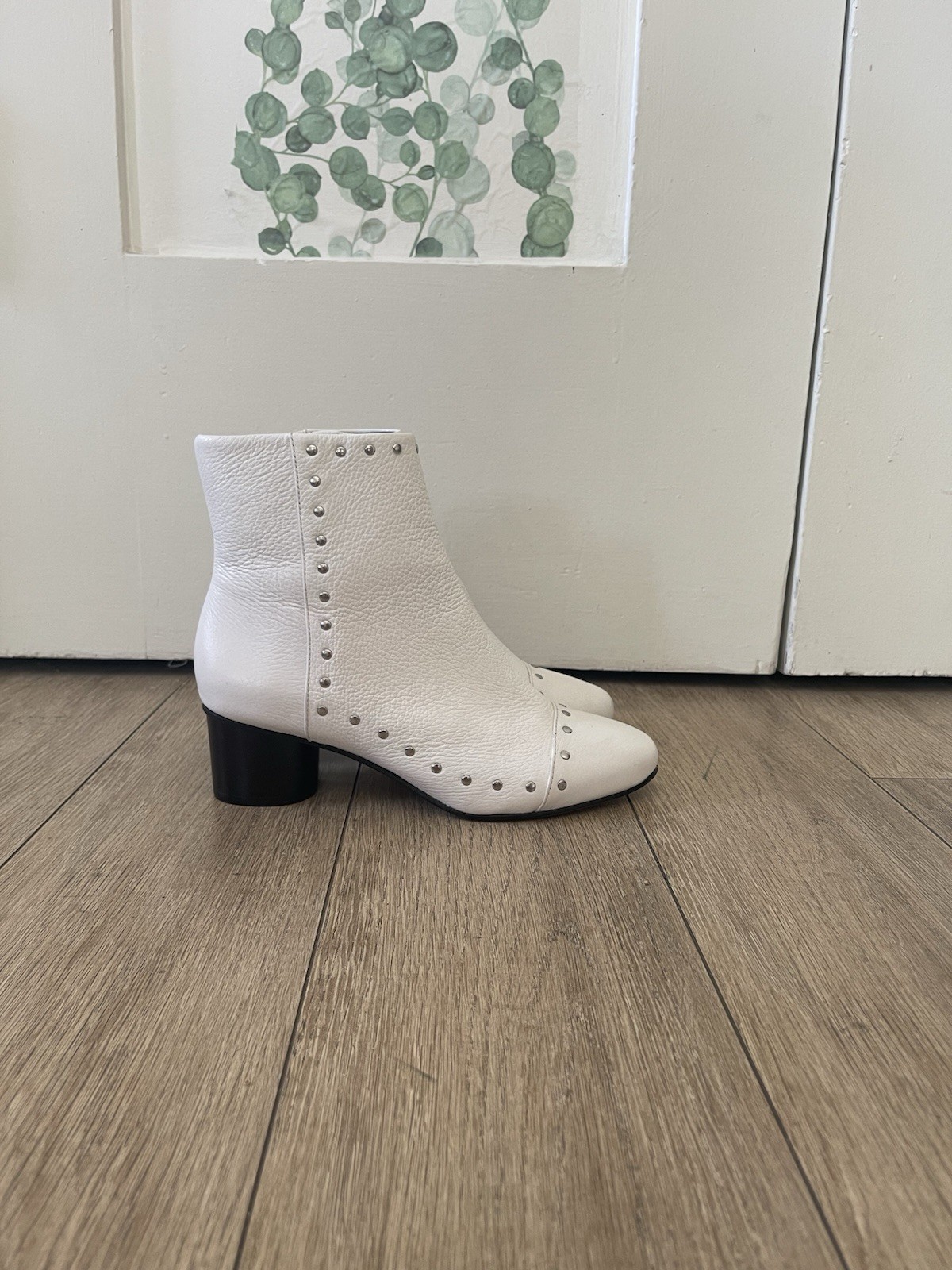 Rebecca Minkoff Women’s White Leather Studded Ankle Bootie Side Zip US 7