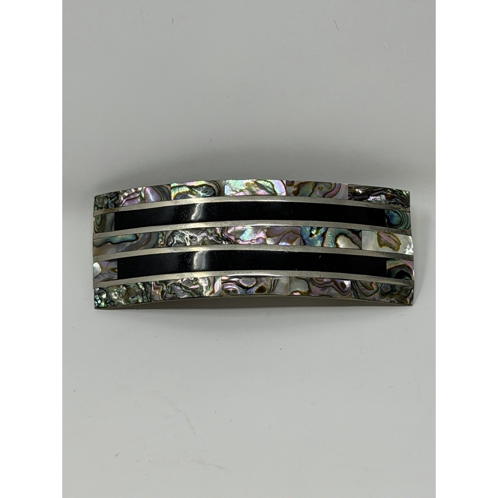 Vintage Nickel Silver Abalone Inlay Rectangular Hair Clip Mexico Beach Mermaid