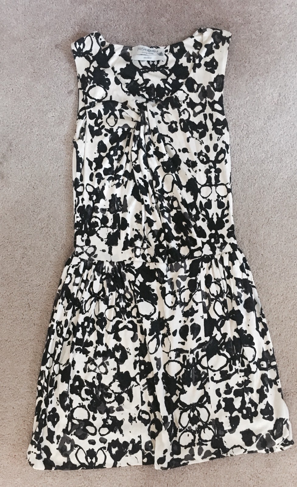 YSL Yves Saint Laurent BIack White Abstract Floral Sheath Dress Sz Small