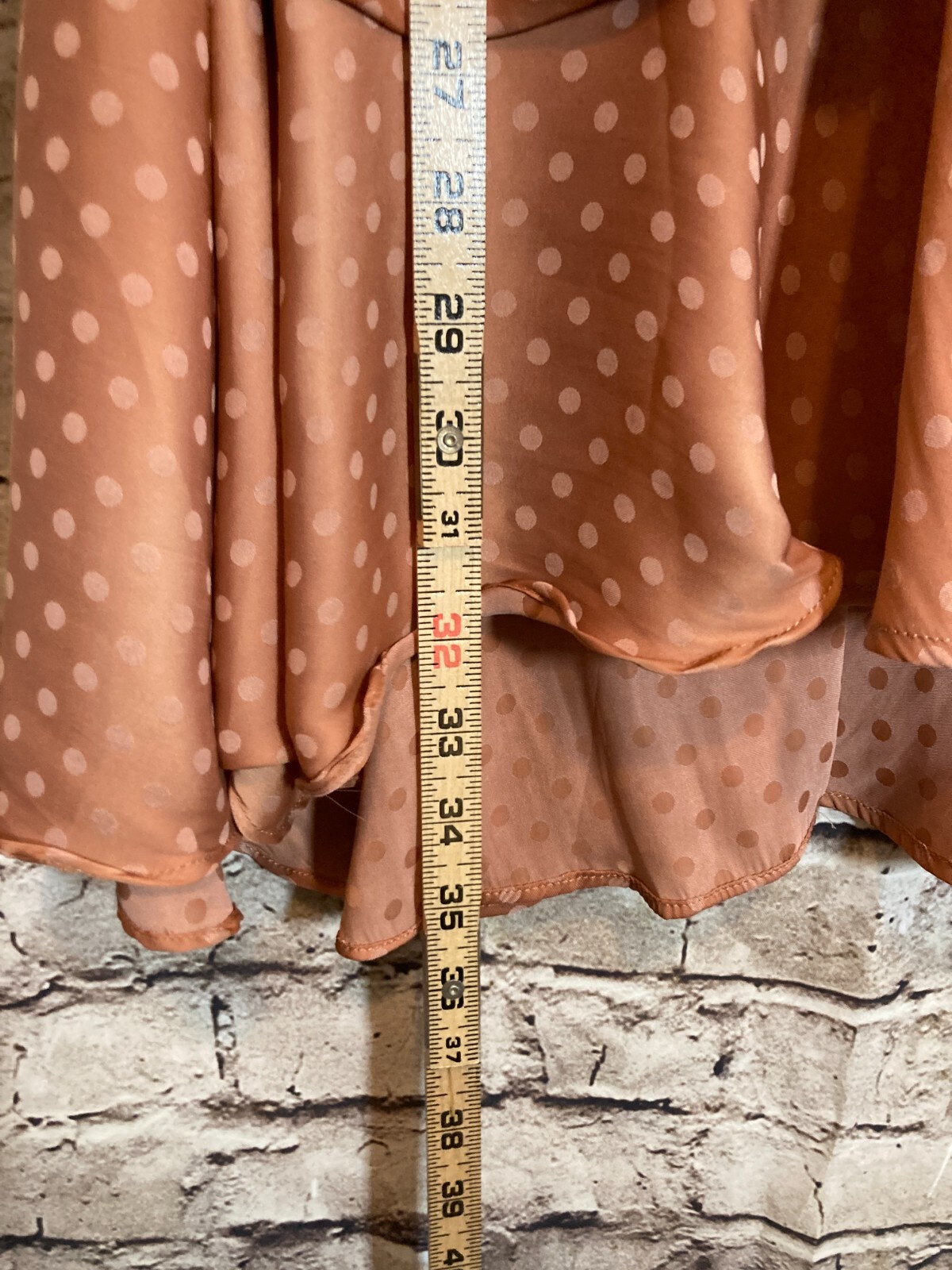 Storia Dress Womens Medium Salmon Pink Ruffle Ruched V Neck Polka Dot Flowy Zip