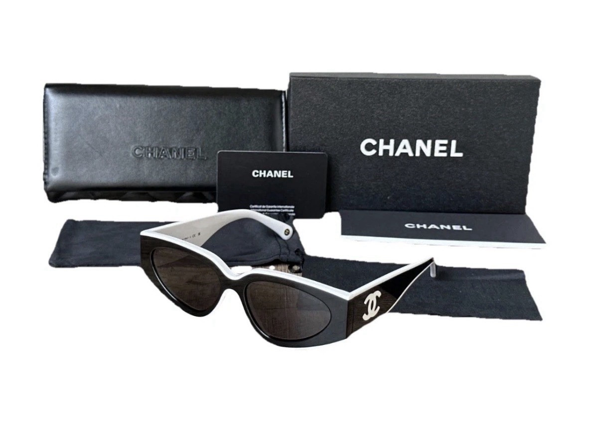 CHANEL Women’s Black & White Cat Eye Sunglasses Black Tinted Lenses Logo